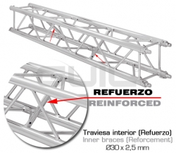 Truss de aluminio de sección cuadrangular de 300 x 300 mm con sistema de conexión rápida mediante bulones y pasadores cónicos. Truss de aluminio de sección cuadrangular de 300 x 300 mm con sistema de conexión rápida mediante bulones y pasadores cónicos.